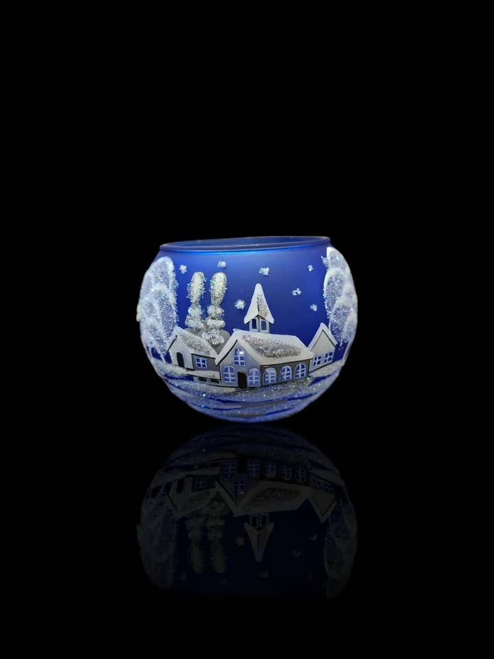 Blue - Small Candle Holder - White Church w Steeple for wholesale by Glass by Iness
