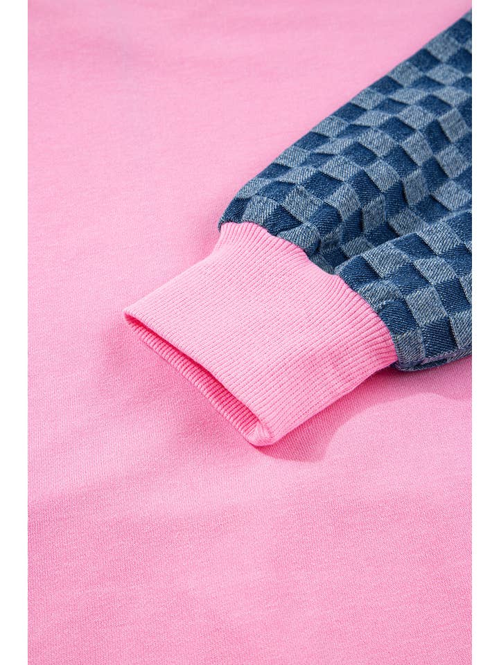 Bonbon Checker Patchwork Kangaroo Pocket Half-Zip Hoodie for wholesale on Faire6