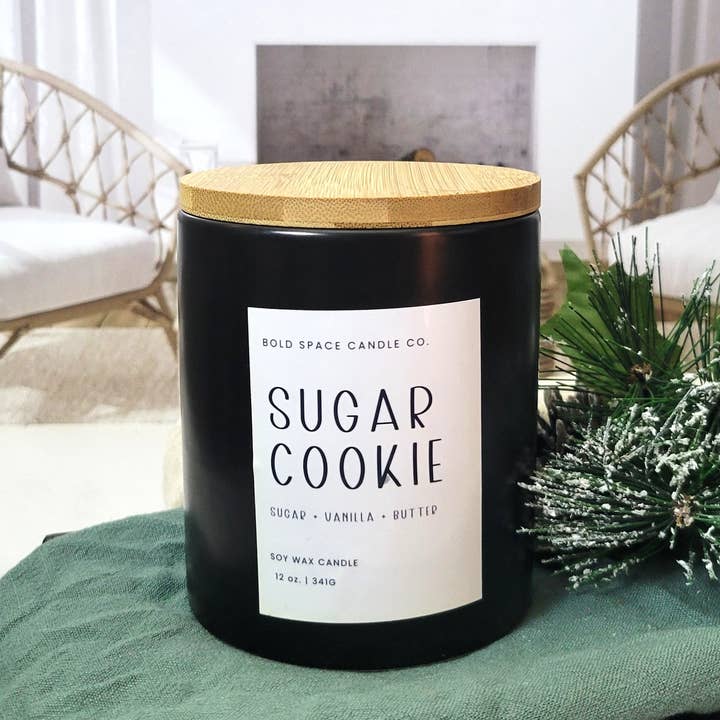 Sugar Cookie - 12 oz. Black S Candle w/ Bamboo Lid for wholesale by Bold Space Candle Co.