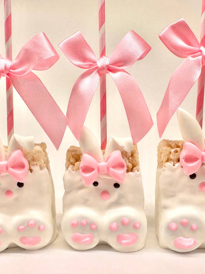 Sitting Bunny Chocolate Covered Rice Krispie Treats for wholesale by Delightful Chocolates
