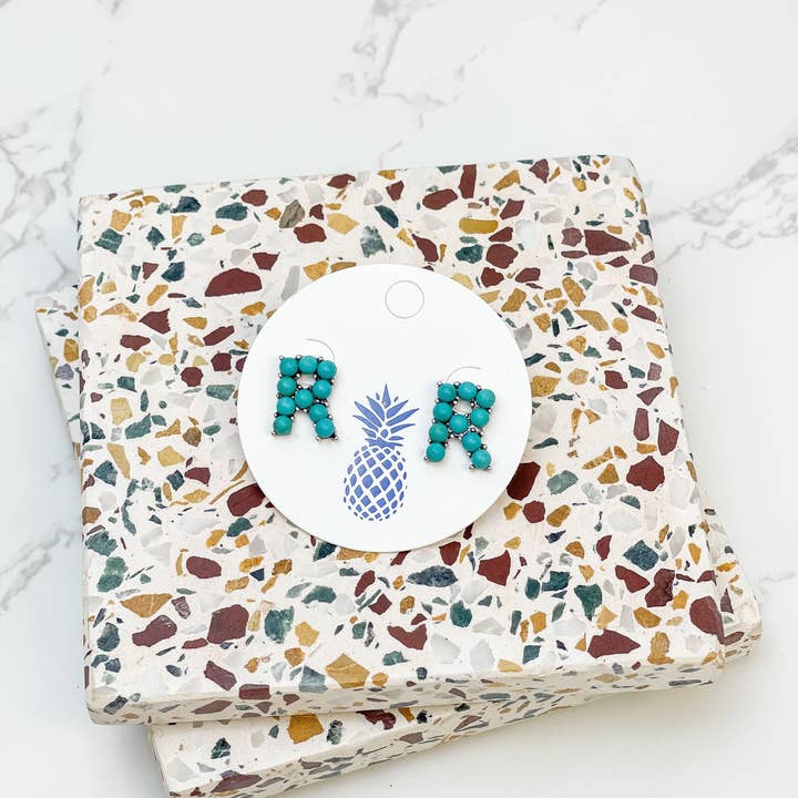 Prep Obsessed Wholesale - Wholesale Stud/Post Earrings - Semi-Precious Turquoise Initial Post Earrings11