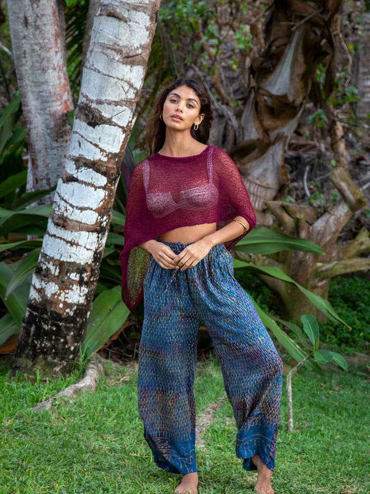 Summer Beach Shrug Knit Poncho Shawl- Boho Cover Up for Dress in Burgundy Red for wholesale by Bali Prema