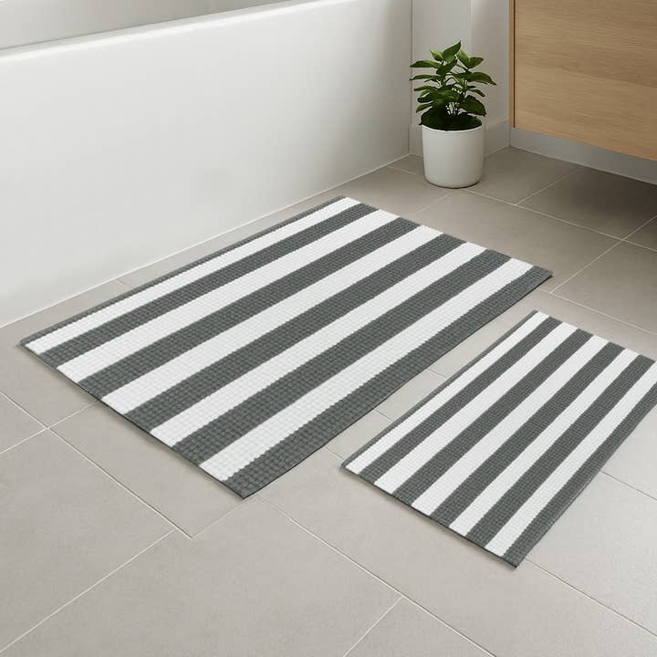 Large 2 Piece Set Grey White Stripe Soft Chenille Bath Mat for wholesale by home mart goods