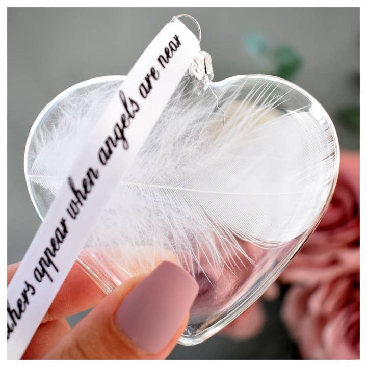 WHITE FEATHER Memory Bauble Glass Heart. Real White Feather for wholesale by Amaya Rose Ltd.