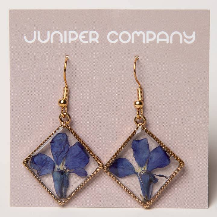 Blue Lobelia Flower Diamond, Real Pressed Flower Earrings for wholesale by Juniper Company