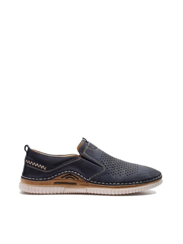 Mocassins à enfiler perforés bleu marine pour hommes avec coutures contrastantes et semelle rembourrée - Wessi pour la vente par Wessi