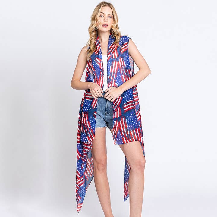 Chaleco kimono ligero con bandera estadounidense para venta al por mayor de Collections by Fame Accessories