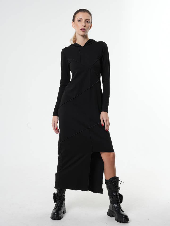 Metamorphoza - Wholesale Dress - Women's - Asymmetric Hooded Black Dress0