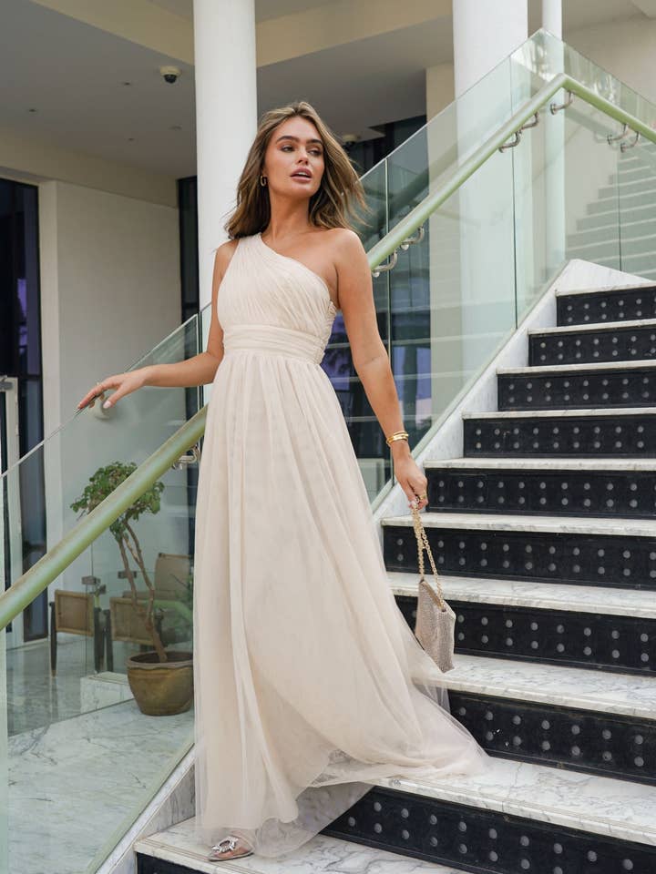 One Shoulder Mesh Maxi Dress for wholesale by Lace & Beads