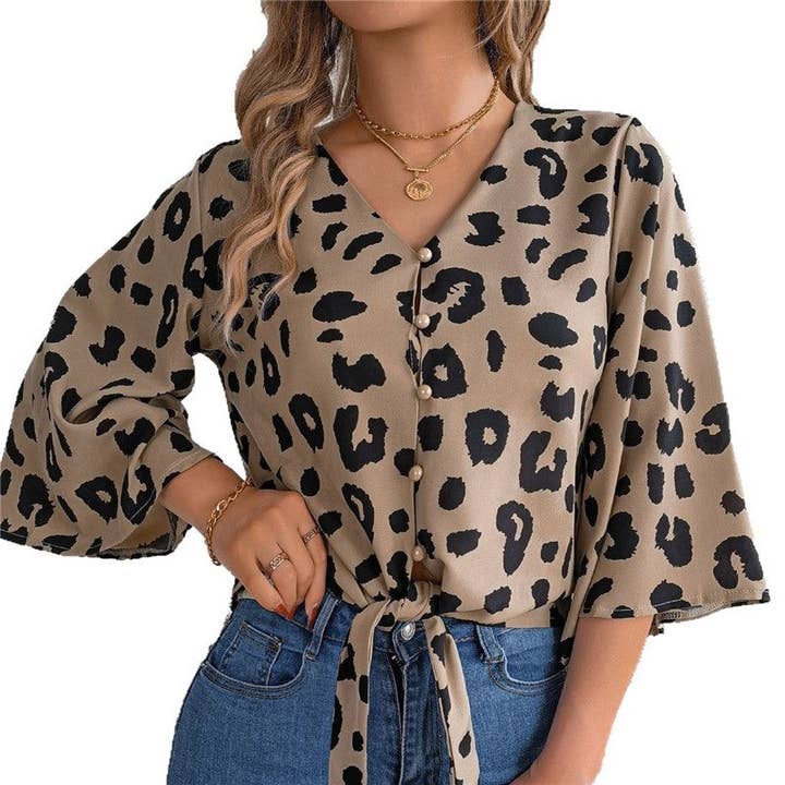 UZ Wholesale Store – wholesale Blus - Dam – Leopardmönstrad skjorta med knytband i midjan och klockärmar