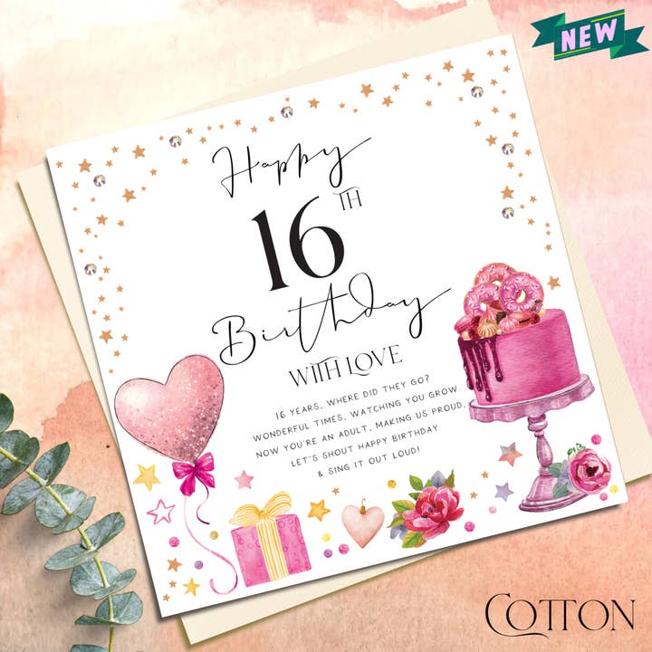 Happy 16th Birthday with love - balloon and cake for wholesale by Katie Phythian Design
