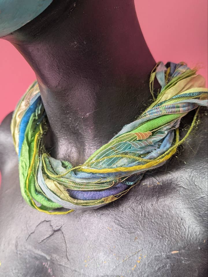 Silk Yarn Necklace in Turquoise and Lime for wholesale by Megan Crook Textiles