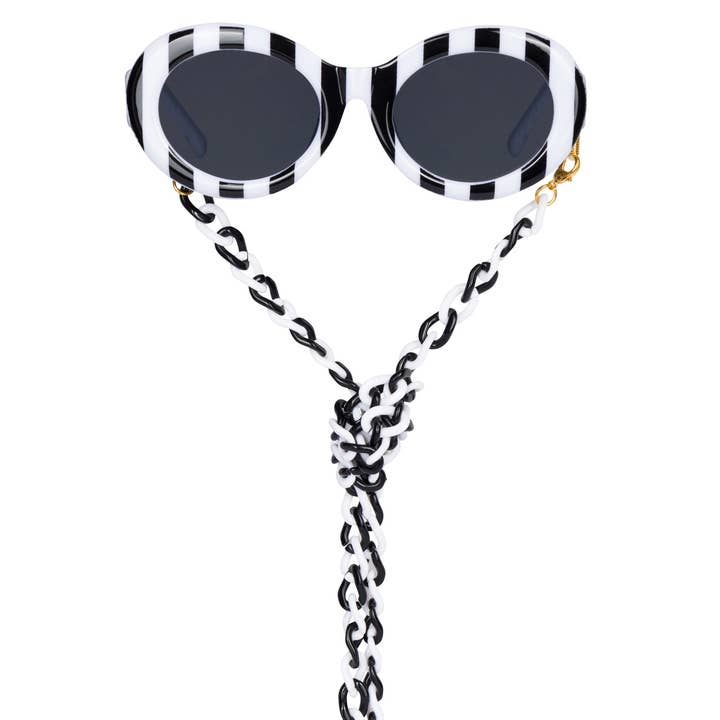 Meghan Fabulous - Wholesale Sunglasses - Women's - Black and White Oval Funglasses with Neck Chain