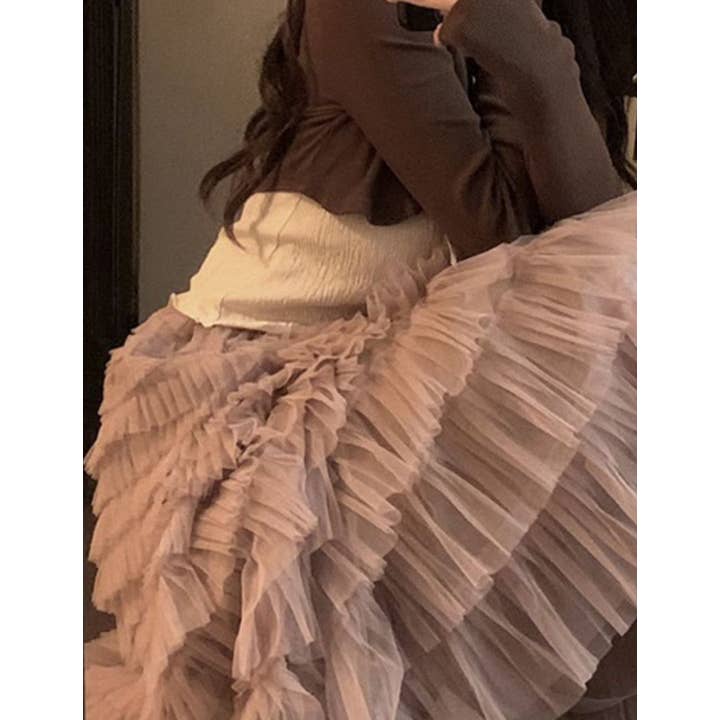 Sweetkama - Wholesale Skirt - Women's - Ladies Solid Color Ruffle Guazy Midi Skirt SKS41176