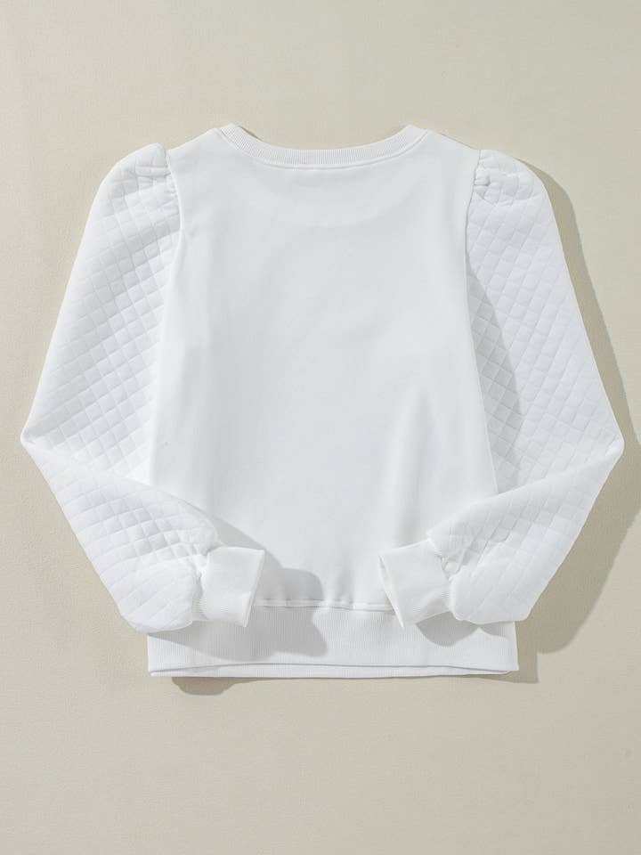 Blanco Sudadera blanca lisa con cuello redondo y manga abullonada de venta al por mayor en Faire
