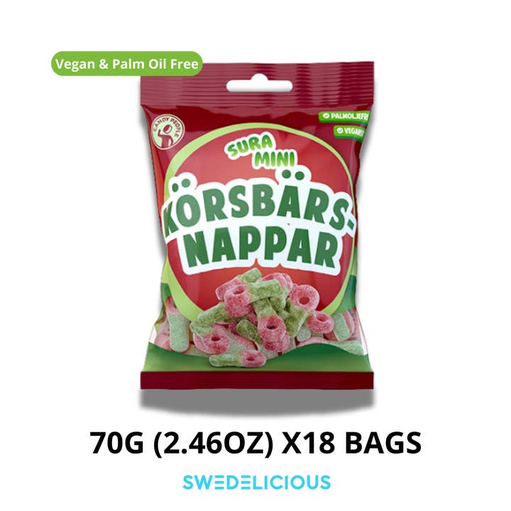 Sour Mini Cherry Dummies - Swedish Candy Bags for wholesale by Swedelicious - Swedish Candy