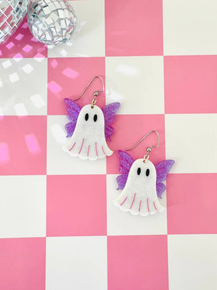 Fairy Ghost Earrings – Sparkly Halloween Acrylic Earrings with Purple Wings for wholesale by Luna B Jewelry