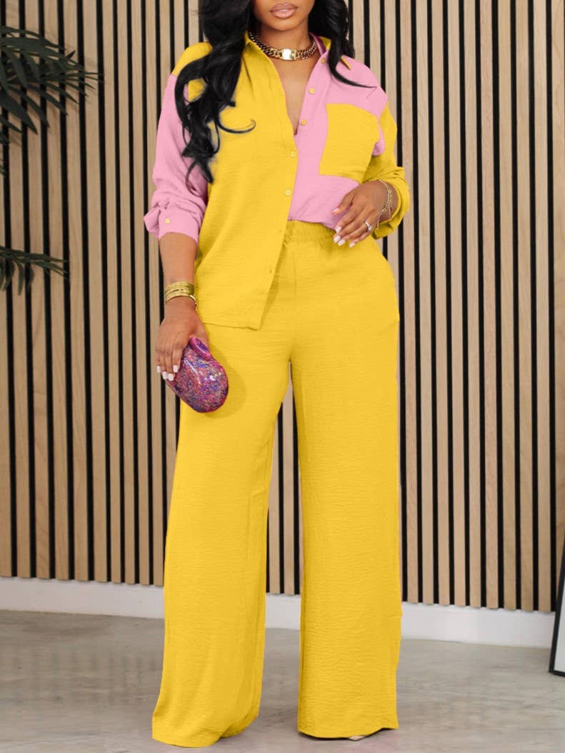 HIDDENBRAND - Wholesale Top & Pant Set (NOT Loungewear) - Women's - contrast color block shirt wide leg pant 2 piece set2