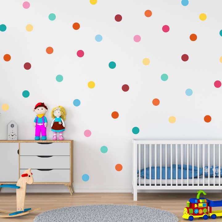 Lot de 65 autocollants à pois arc-en-ciel, Décalcomanies murales à pois colorés, Autocollants muraux pour salle de jeux, Décoration murale pour chambre d'enfant, Décalcomanies murales confettis pour la vente par Decals Online
