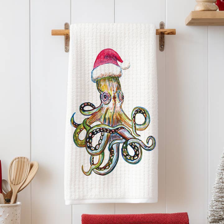 Santa Octopus Watercolor Artwork 16" x 24" Tea Towel (Copy) for wholesale by The Ship's Hold