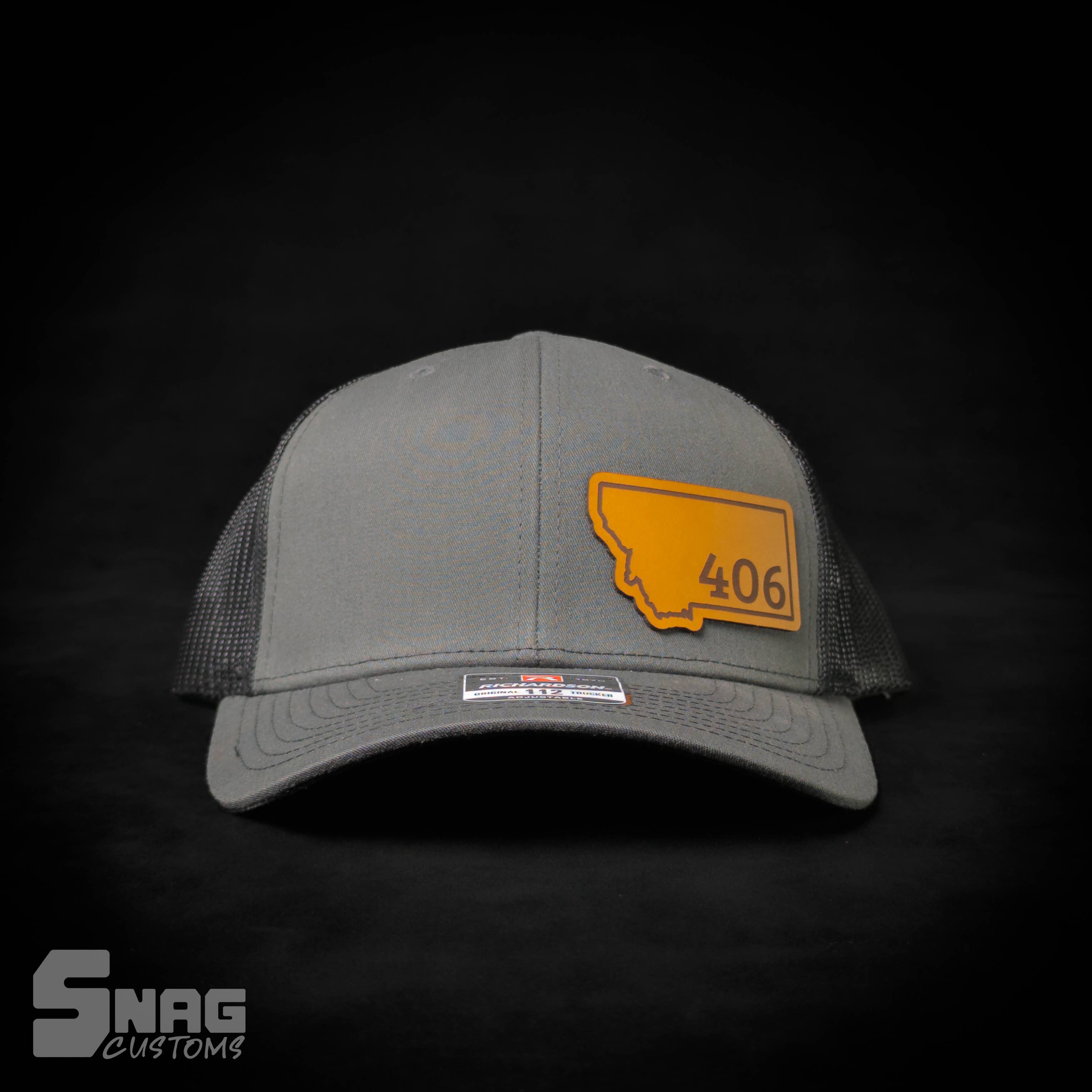 Snag Customs - Wholesale Trucker Hat - Unisex - Montana 406 State Outline Leather Patch Hat0