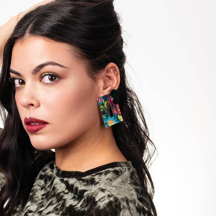 Geometric earrings with pattern and emerald/black acrylic #MUN009 for wholesale by Goiaba Design