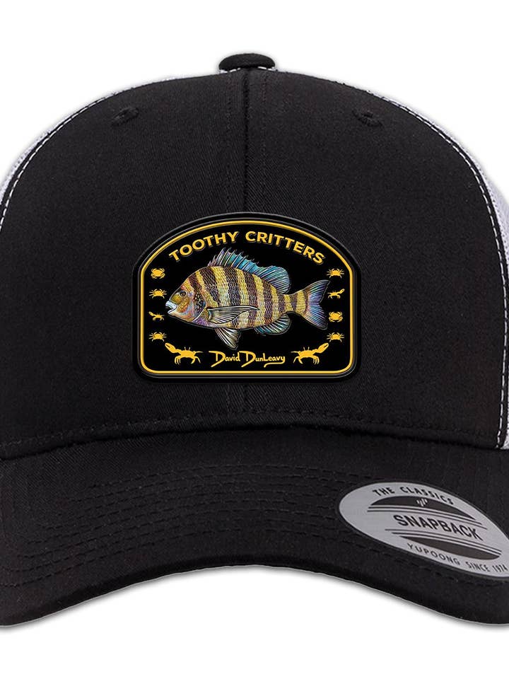 Cappello Snapback Trucker a 6 Pannelli Nero Bianco Sheepshead Toothy Critters per la vendita all'ingrosso da parte di David Dunleavy