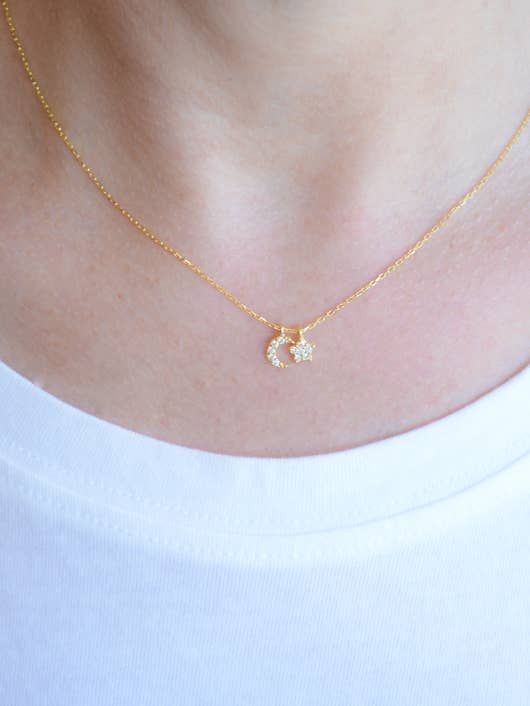 Gold necklace with cz moon and star pendant for wholesale by AJS Design Studio