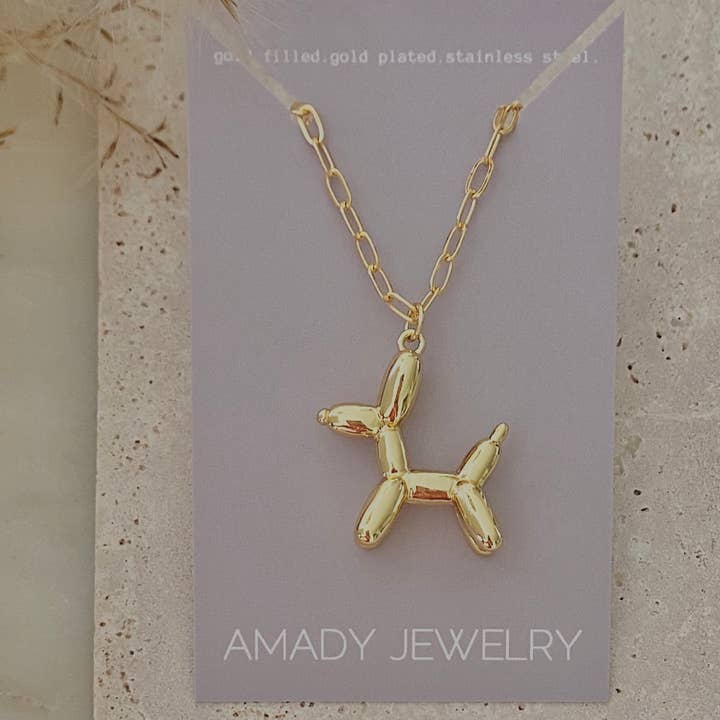Big Balloon Dog Necklace on a Paperclip gold filled chain for wholesale by Amady Jewelry