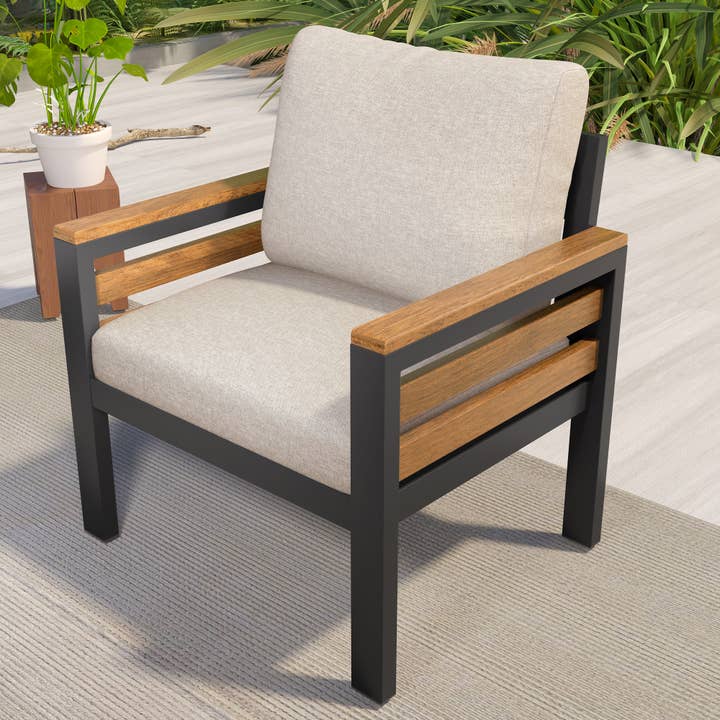 Beige 4-Piece Outdoor Sofa Set with Acacia Armrests & Coffee Table for wholesale on Faire