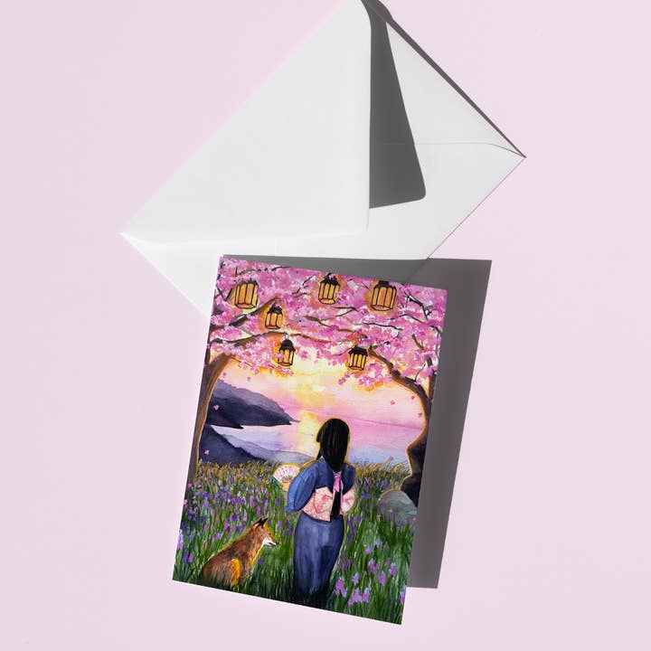 Greeting Card - Sakura Sunset Japan Watercolor for wholesale by Joelle Hanton Art