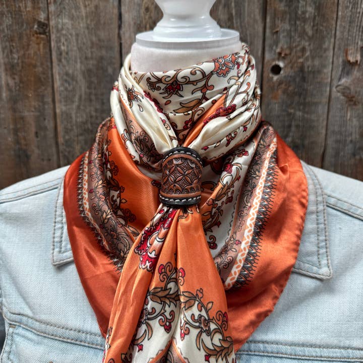 Rodeo Drive - Wholesale Scarf - Unisex - 35X35" Burnt Orange & Tan Paisley Wild Rag / Scarf - Tooled Leather Wild Rag Slides - Assorted