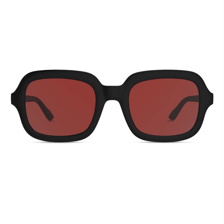 Pela Case Corporation - Wholesale Sunglasses - Unisex - Montenegro Squares Sunglasses in Black with Red Lens