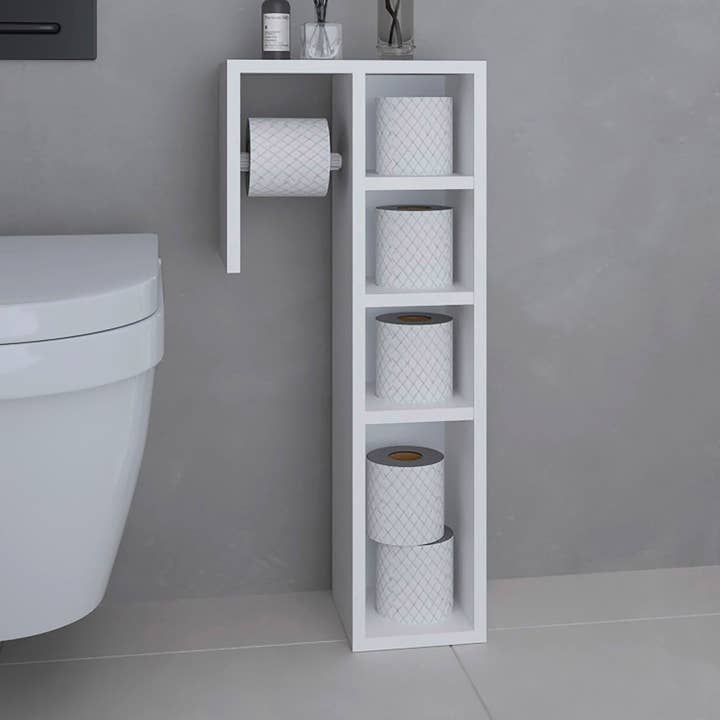 White Lodi Freestanding Toilet Paper Cabinet With Slim Vertical Design And Storage Compartment for wholesale on Faire0