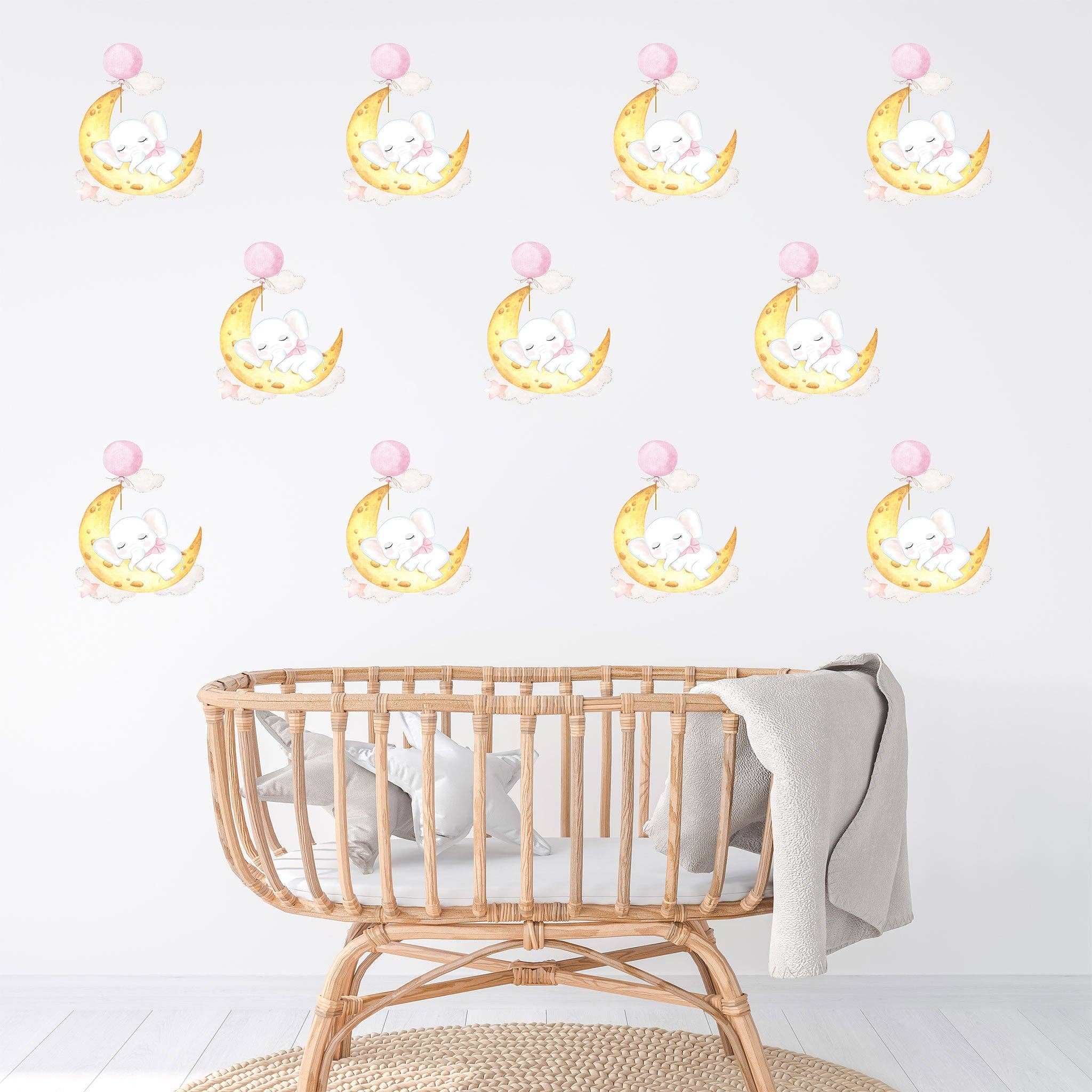 Hello Beautiful Designs - Vente Décoration murale – enfant et bébé - Adorable mini éléphant endormi sur la lune avec ballon rose flottant, autocollant mural réutilisable pour chambre d'enfant, décoration murale pour chambre d'enfant3