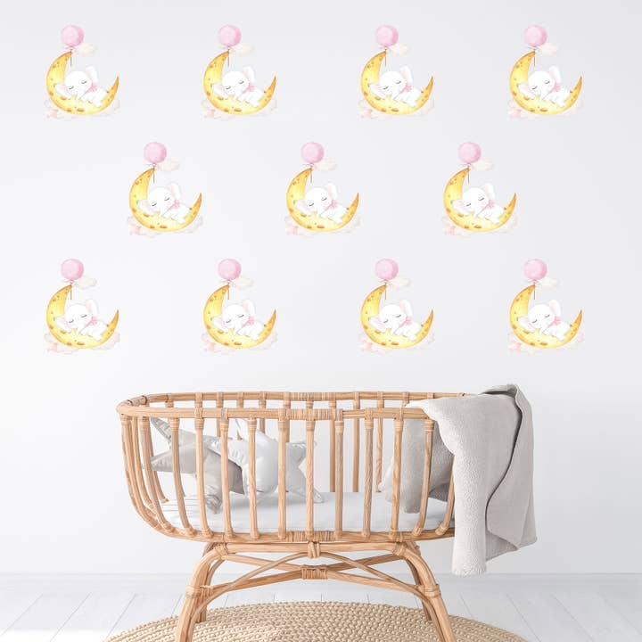 Hello Beautiful Designs - Vente Décoration murale – enfant et bébé - Adorable mini éléphant endormi sur la lune avec ballon rose flottant, autocollant mural réutilisable pour chambre d'enfant, décoration murale pour chambre d'enfant3