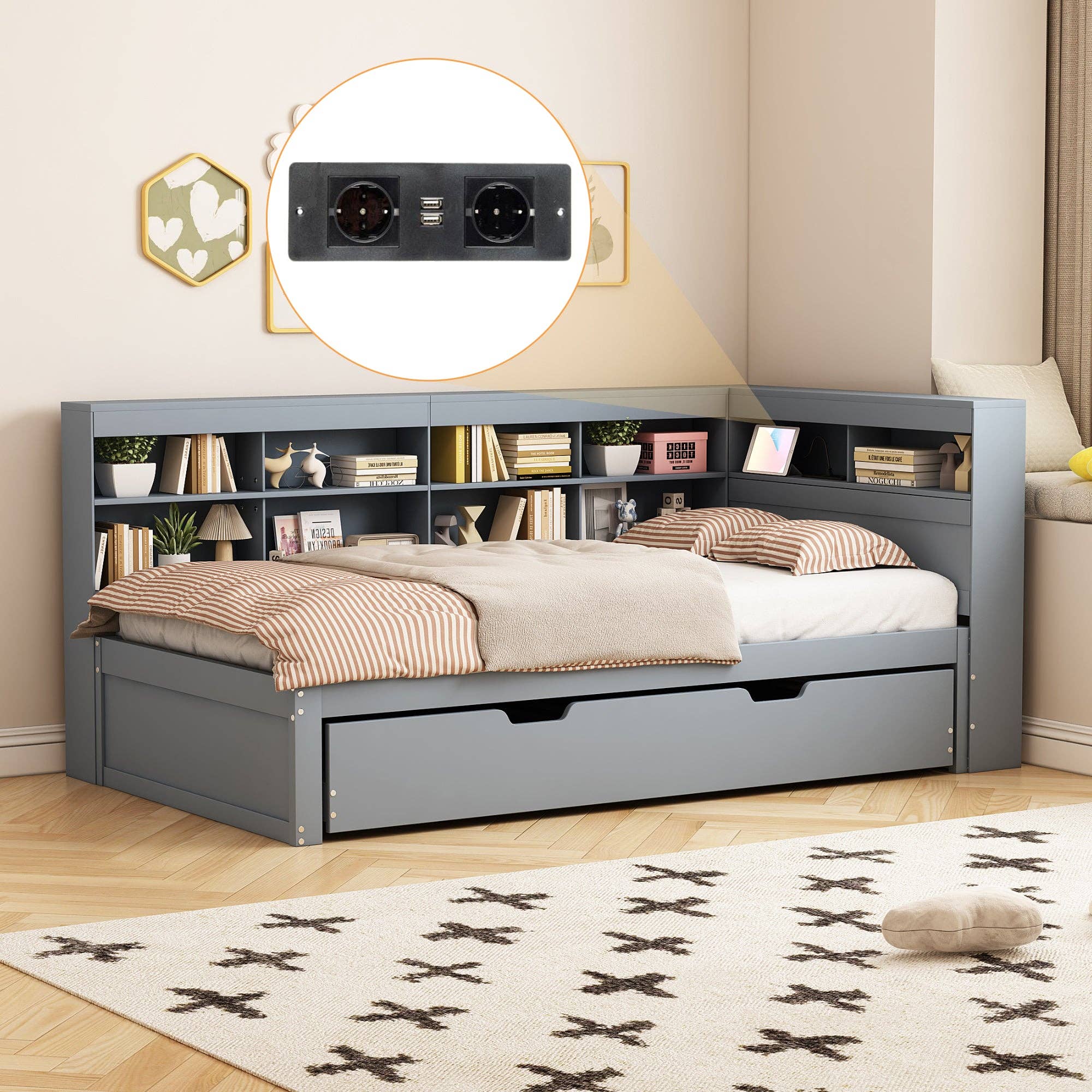 Urban Meuble - Wholesale Bed - Solid wood trundle bed gray 90*200 with USB port and multiple storage GIRCAET9