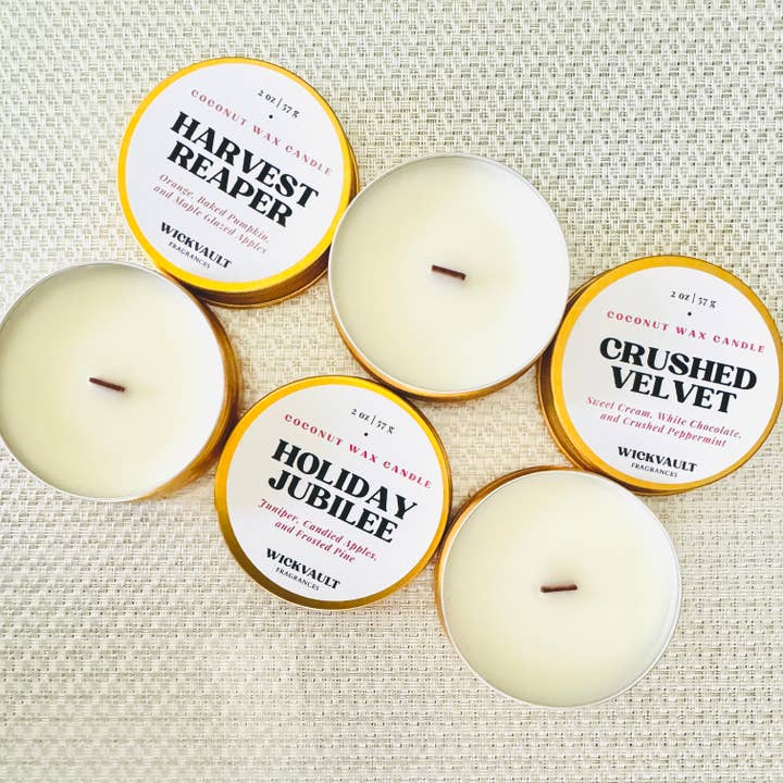 Wick Vault Fragrances - Wholesale Travel Candles - Fall & Holiday Scents 2oz Gold Candle Tin Gift Sample Pack3