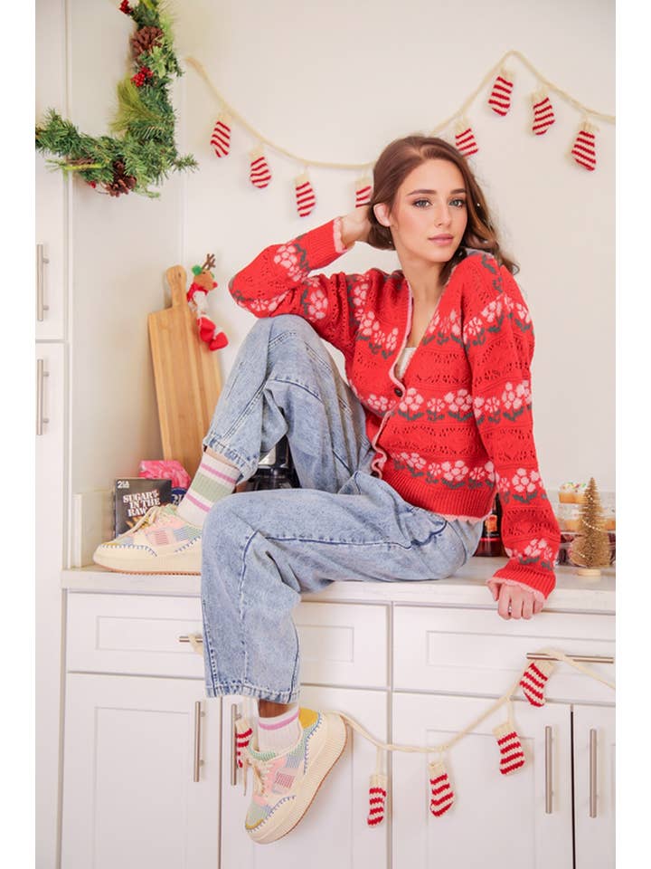 VERY J - Wholesale Cardigan - Women's - 12W3524N-Floral Graphic Detail Knit Sweater Cardigan6