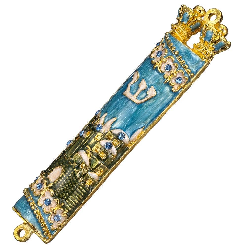 Matashi - Wholesale Decorative Tabletop Object - Matashi Hand Painted Blue & Green Enamel Mezuzah w Crystals2