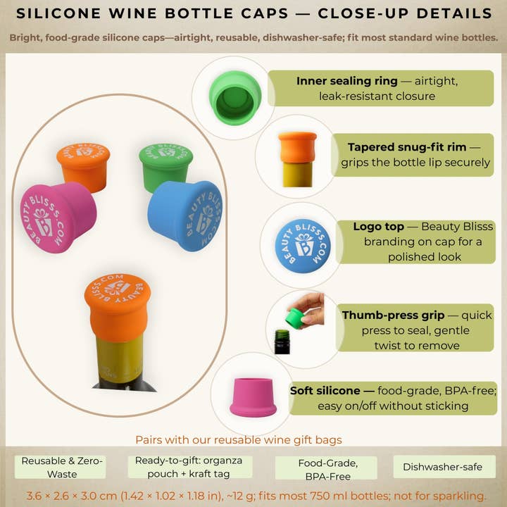 Beauty Blisss - Wholesale Wine Stopper - Silicone Wine Bottle Caps — Airtight, Reusable — 4-pc & 6-pc1