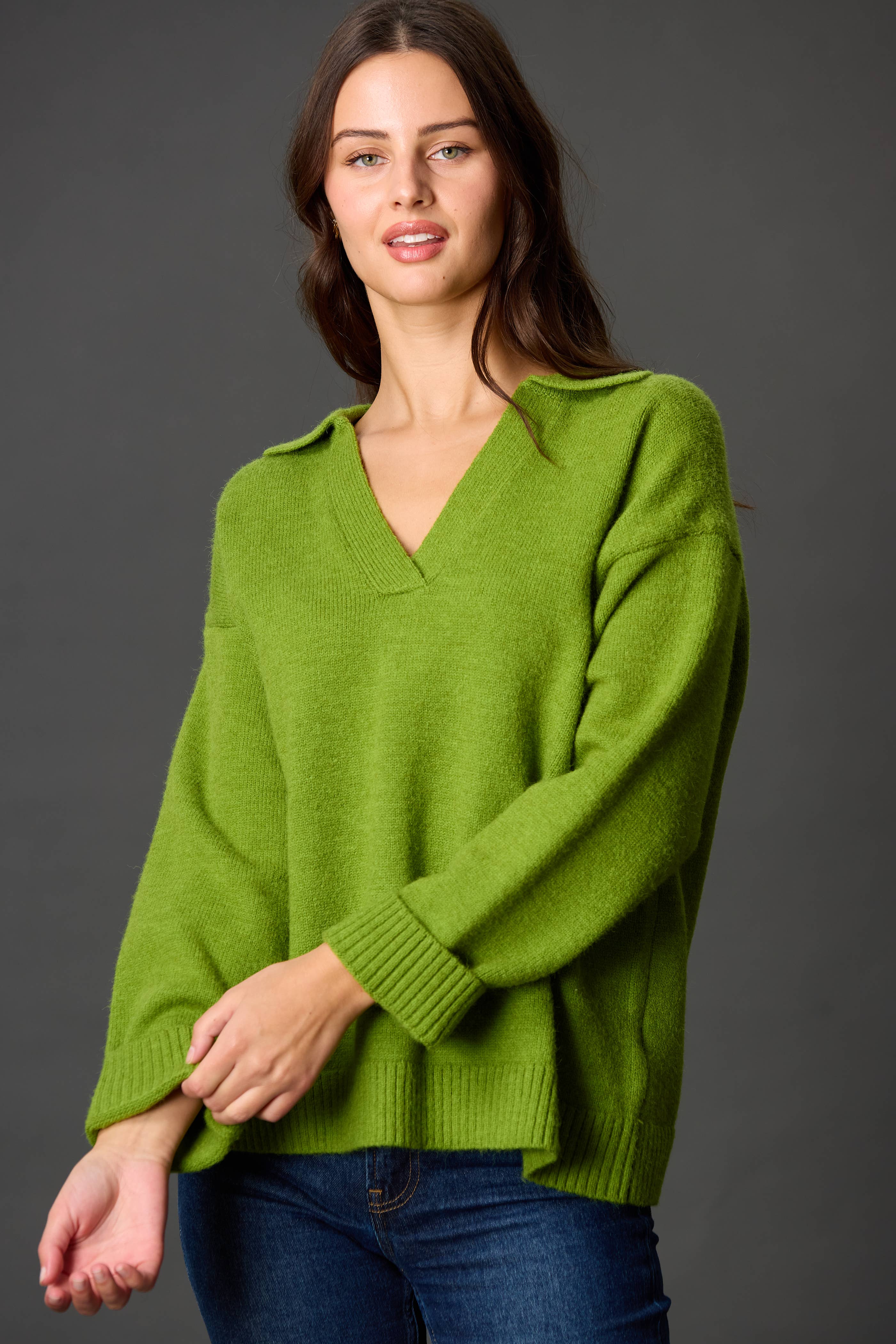 Dark Raspberry Knit Collared V Neck Ribbed Border Sweater Top	 for wholesale on Faire1