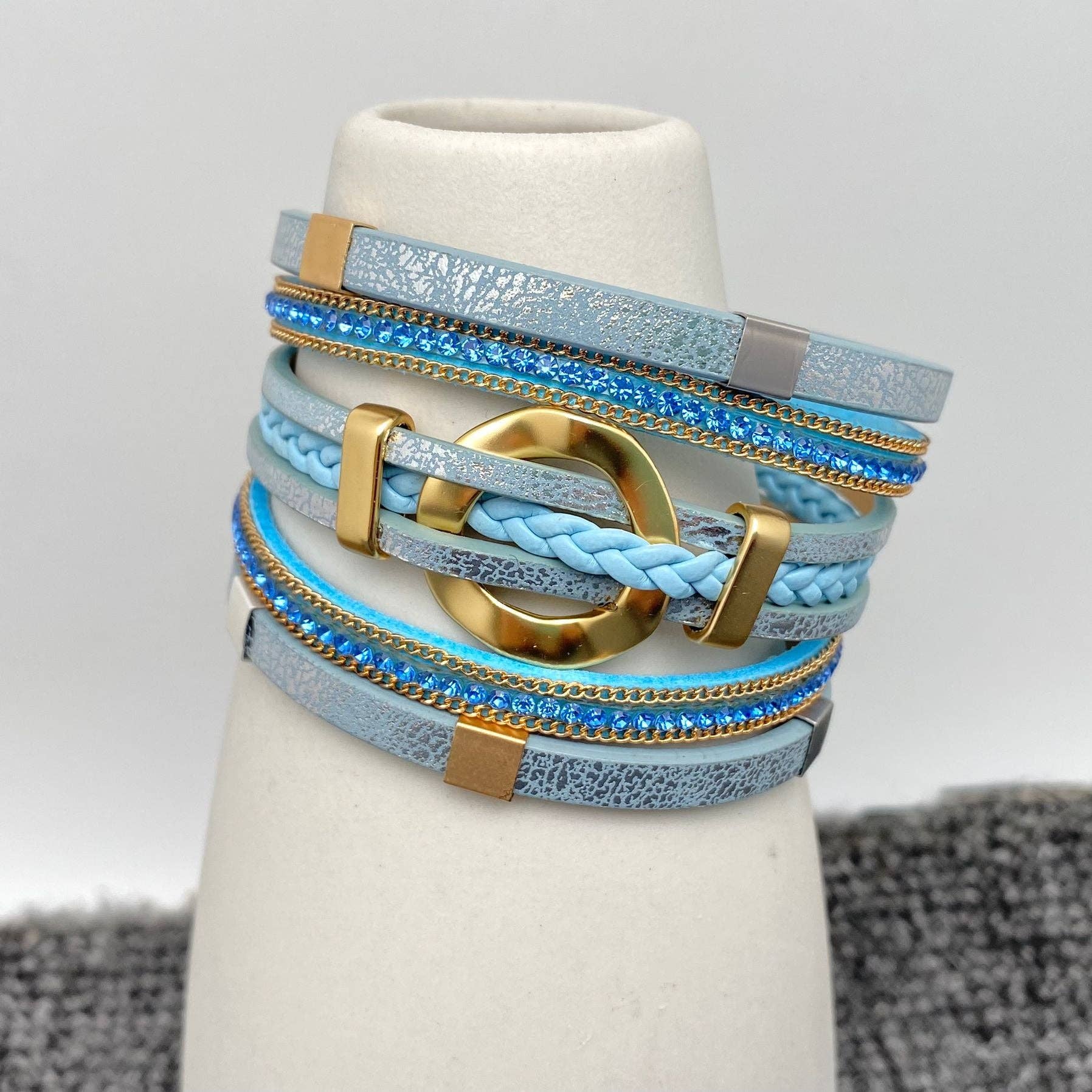 Mio Queena - Wholesale Bangle Bracelet - LB - Circle Charm Multi-Layer Rhinestone & Leather Bracelet1