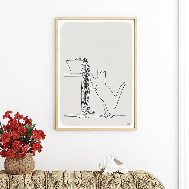 Cat playing with plant poster for living room wall decor for wholesale by le murmure des murs