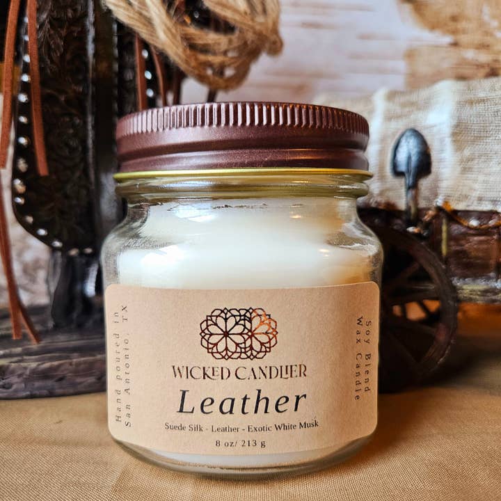 Leather 8 Oz Glass Mason Jar Candle for wholesale by Wicked Candlier