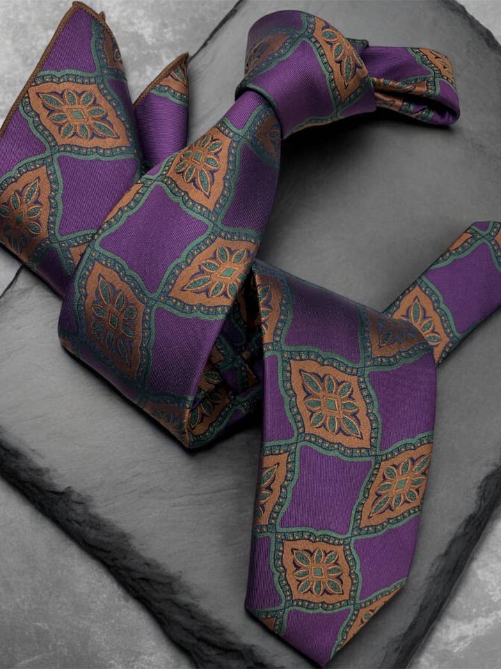 DMITRY Men's Purple Patterned Italian Silk Tie & Pocket Square Set - Limited Edition for wholesale by DMITRY Ties