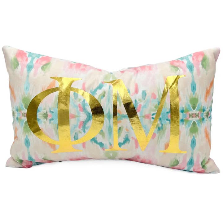 Phi Mu Gold Foil Kaleidoscope Greek Sorority Pillow for wholesale by Rachel Brooks Design, LLC