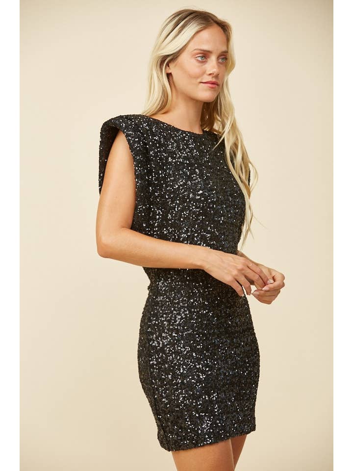 WISTERIA LANE – Großhandel Kleid – Damen – MINIKLEID MIT PAILLETTEN UND SCHULTERPOLSTERN 3147DIA SCHWARZ