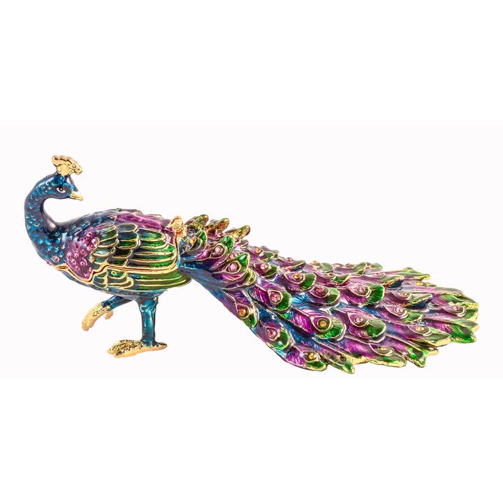 Scatola portagioie a forma di pavone colorato. Realizzato a mano con smalto per la vendita all'ingrosso da parte di Ciel Collectables
