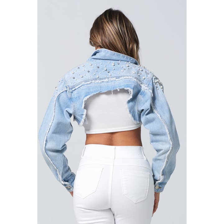 Blue Turtle - Wholesale Denim Jacket - Women's - Diamond Pearl and Rhinestone Super Crop Denim Jacket Light JK22073